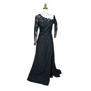 JJ House Black Lace Asymmetric Evening Gown Sheer Long Sleeve Formal Slit Dress